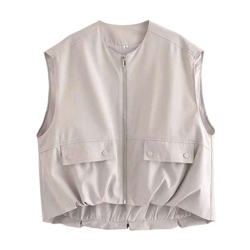 Early Autumn New Women's Clothing Waistcoat round Neck Sleeveless Commute Leisure Ruched Hem Cotton Vest 7864386