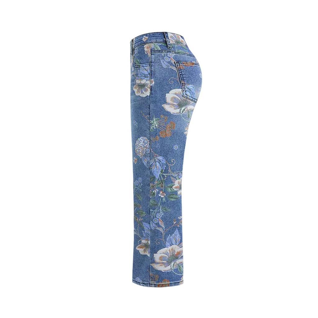 Women's Printed Denim Straight Wide Leg Pants Jeans Women  Women's High-waisted Floral Print Jeans Light Wash Straight-leg Casual Pants