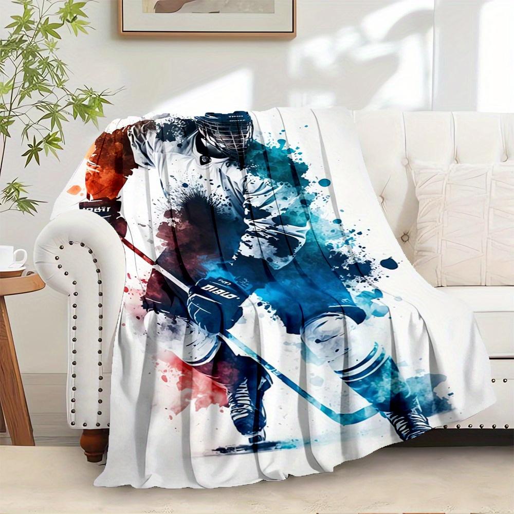 For Hockey Player,Action Pose,Watercolor Effect-Themed Flannel Blanket, Glam Style, Digital Print, All-Season Comfort, Tear-Resistant, Knitt