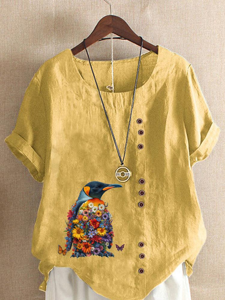 Women's Fashion Penguin Floral Print Round Neck Short Sleeve T-shirt Casual Cotton Linen Graphic Shirt Leisure Loose Summer Blouse Tops