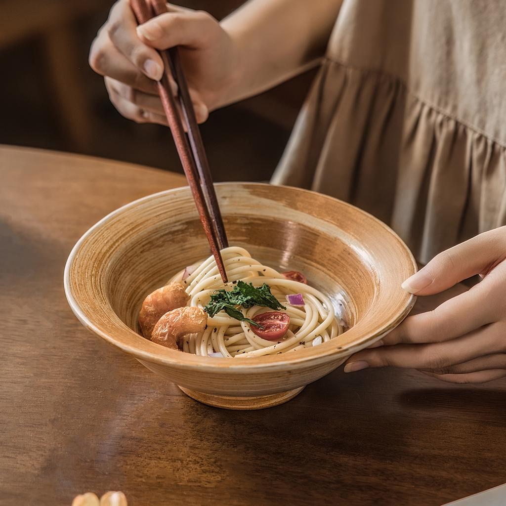 Retro Niche Straw Hat Bowl Home Restaurant Japanese Noodle Bowl Coarse Pottery Tableware Bowl Vegetable Bowl Big Soup Bowl Salad Bowl