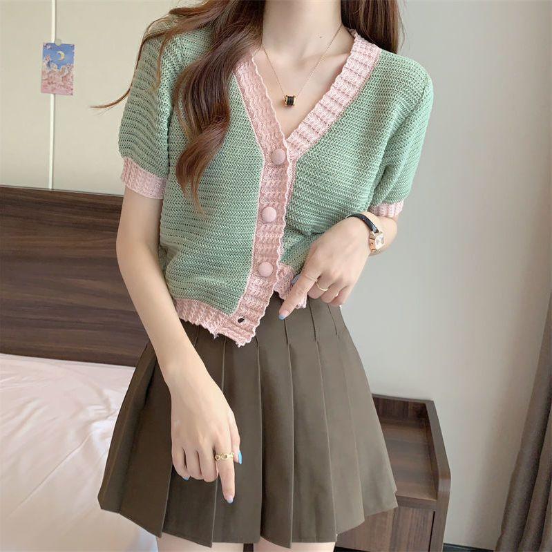 

Короткий топ женский Design Sense Niche Летний тонкий корейский Chic Chic Chic Chic Chic Нежный V-образный вырез с короткими рукавами трикотажная рубашка L зелёный