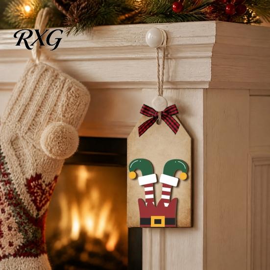 Natural Pine Wood Decor Christmas Wooden Hanging Ornaments, 2D Snowman Reindeer Clown Figure Rustic Party Supplies Pendant Decorations, Farmhouse