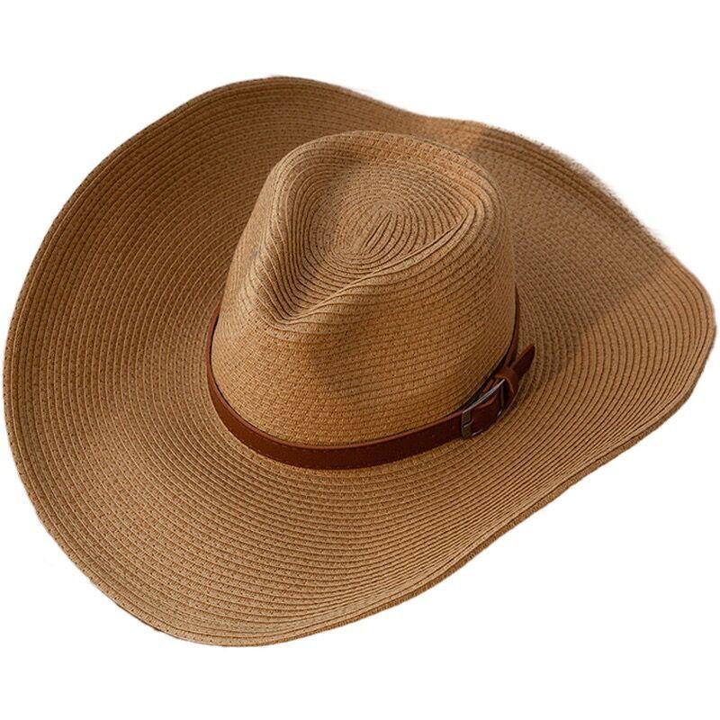 Men'S Straw Hat Beach Hat Summer Big Edge Sunshade Cowboy Hat Outdoor Sun Protection Hat Retro Wind Wide Brim