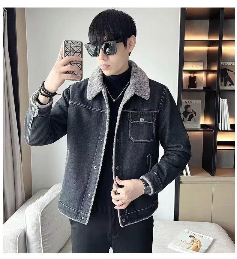 

Мужская джинсовая куртка из флиса, утолщенная зимняя плюшевая овечья шерсть, корейская версия, облегающая повседневная куртка с лацканами XL чёрный