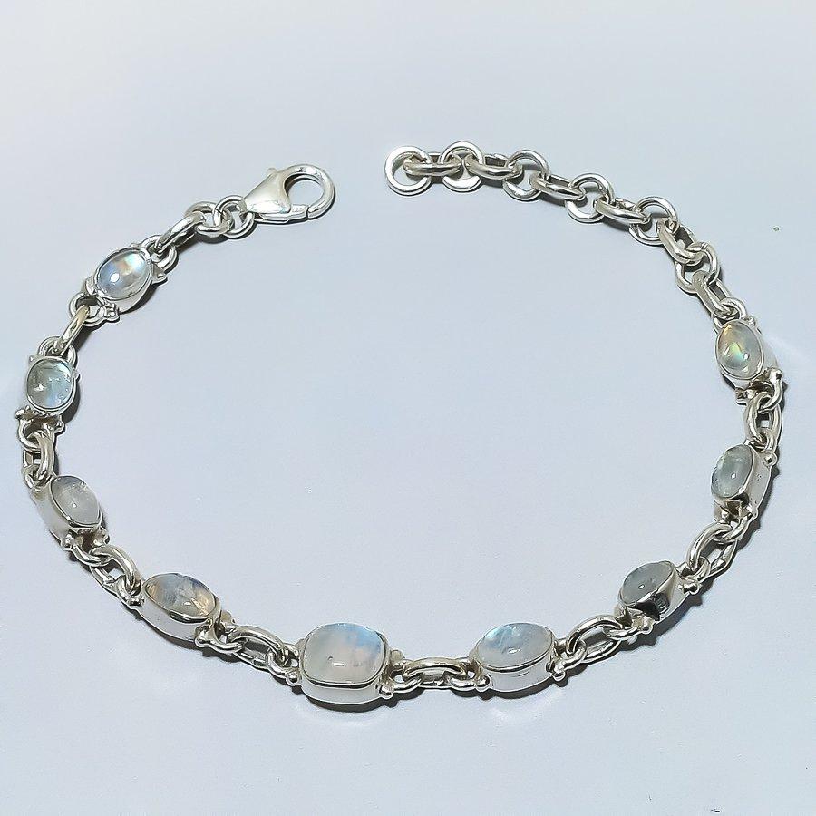 Natural Rainbow Moonstone Gemstone Handmade 925 Solid Silver Bracelet 7-8" G5c23