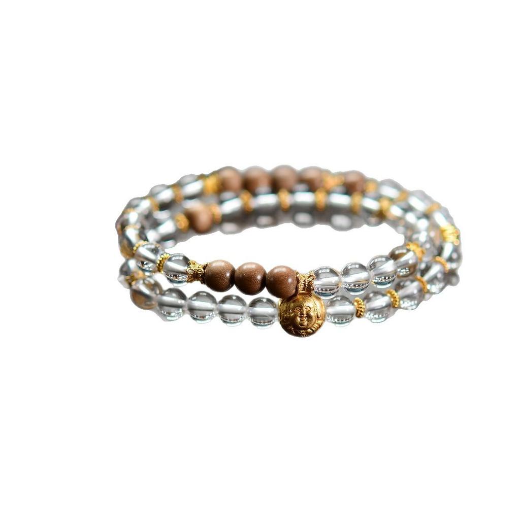 Natural White Crystal & Sandalwood 925 Silver Wealth Bead Double-Strand Bracelet