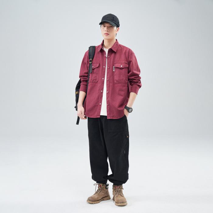 Heavy Washed Cotton Japanese Retro Trendy Brand Loose Casual Shirt Jacket Army Green Dark Gray Jujube