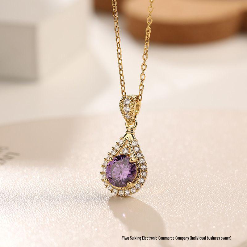 Elegant Violet Water Drop Necklace - Light Luxury, Versatile, High-End Jewelry for Women, Japanese & Korean Style.