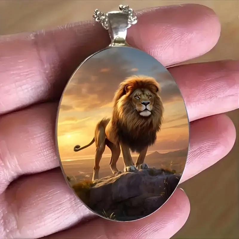 Fashionable Dusk Great Plains Lion Pattern Oval Alloy Pendant Stainless Steel Necklace