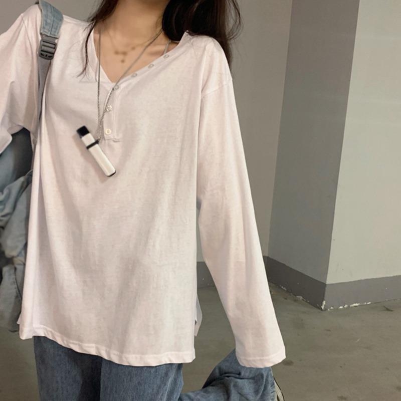 

Повседневный Простой Универсальный Свободный Однотонный Тонкий Дизайн с Разрезом V-образный вырез Длинный рукав Топы Футболка M