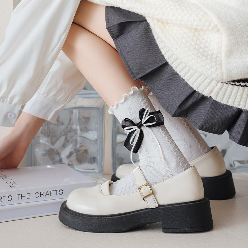 Japanese JK Sweet Bowknot Tied Middle Tube Socks Women Heel Bow Socks Casual Black White Pile Socks Girls Sports Cotton Socks