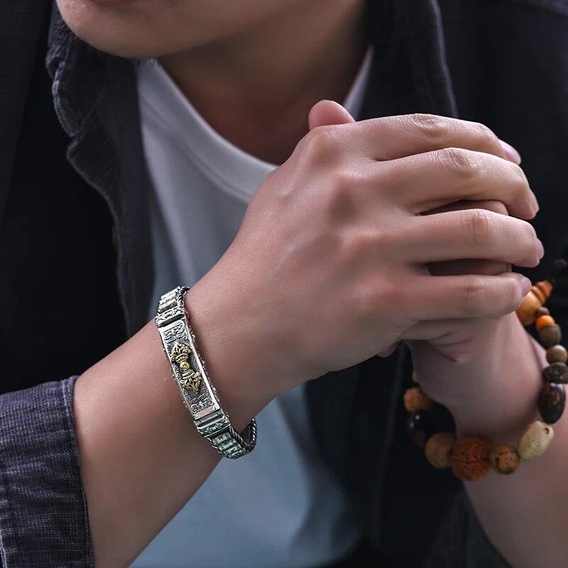 HX New Bracelet Men's Personality Style Retro Creative Hand-woven Six-character Mantra Barrel Bead Chain for Boyfriend Gift