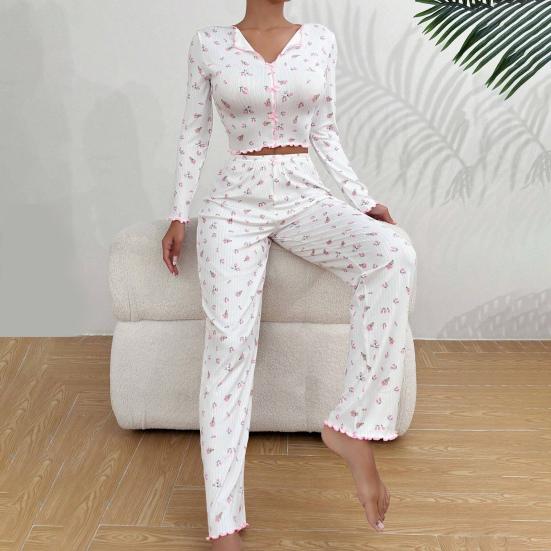 Pajama Set for Women Cherry Print Long Sleeve Crop Top And Long Pants Loungewear Casual 2 Piece Pjs Sleepwear Set