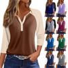 Women's Fashion Casual Raglan Sleeve Colorblock V-Neck Three-quarter Sleeve Decorative Button T-shirt Top