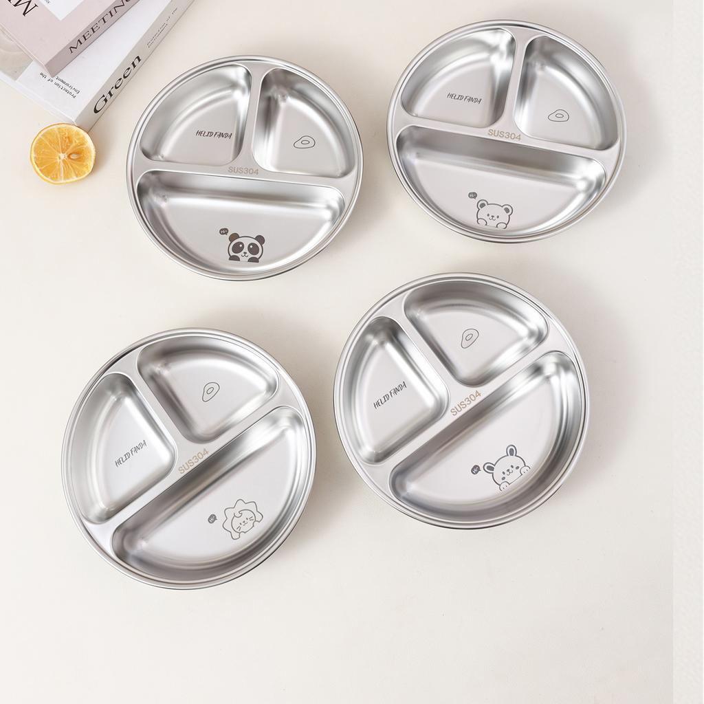 3 Compartment Cute Round Children Food Plate 304 Stainless Steel Divided Dinner Plate Fruit Salad Plates Dishes Dishwasher Safe