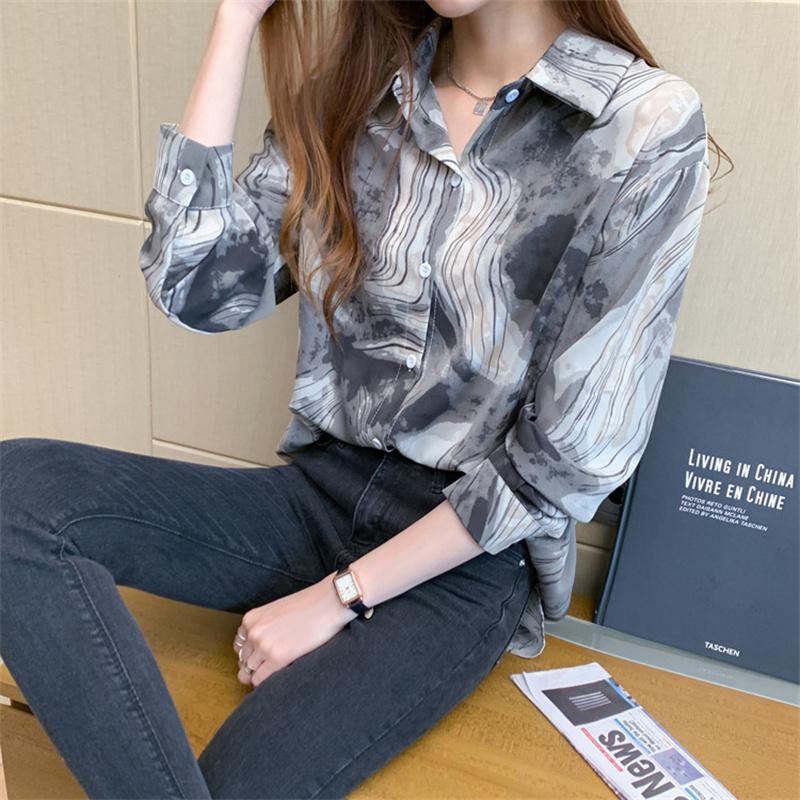 Jarní volné Dámská košile Ink Splash Print Košile s dlouhým rukávem Dámská košile s dlouhým rukávem Zapnout Neck Blusas Mujer De Moda 2022