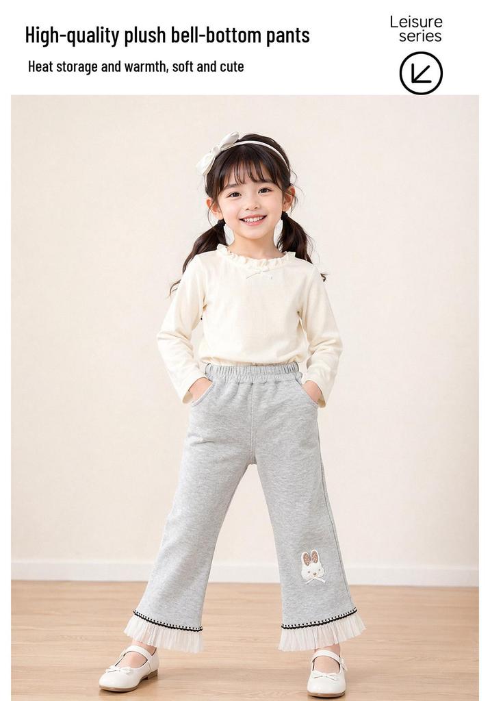 Girls' Velvet Micro-Flare Pants - Autumn/Winter, Soft & Skin-Friendly, Korean Style, Casual Outdoor Wear