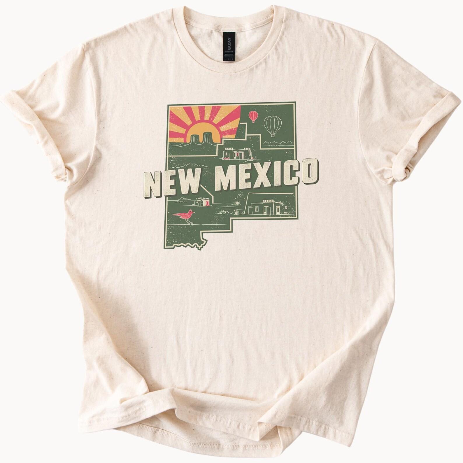 New Mexico Graphic T Shirt Southwest Desert Sun Balloon Roadrunner Pueblo Art State Outline Nature Scene Tee Gift for Travelers 100