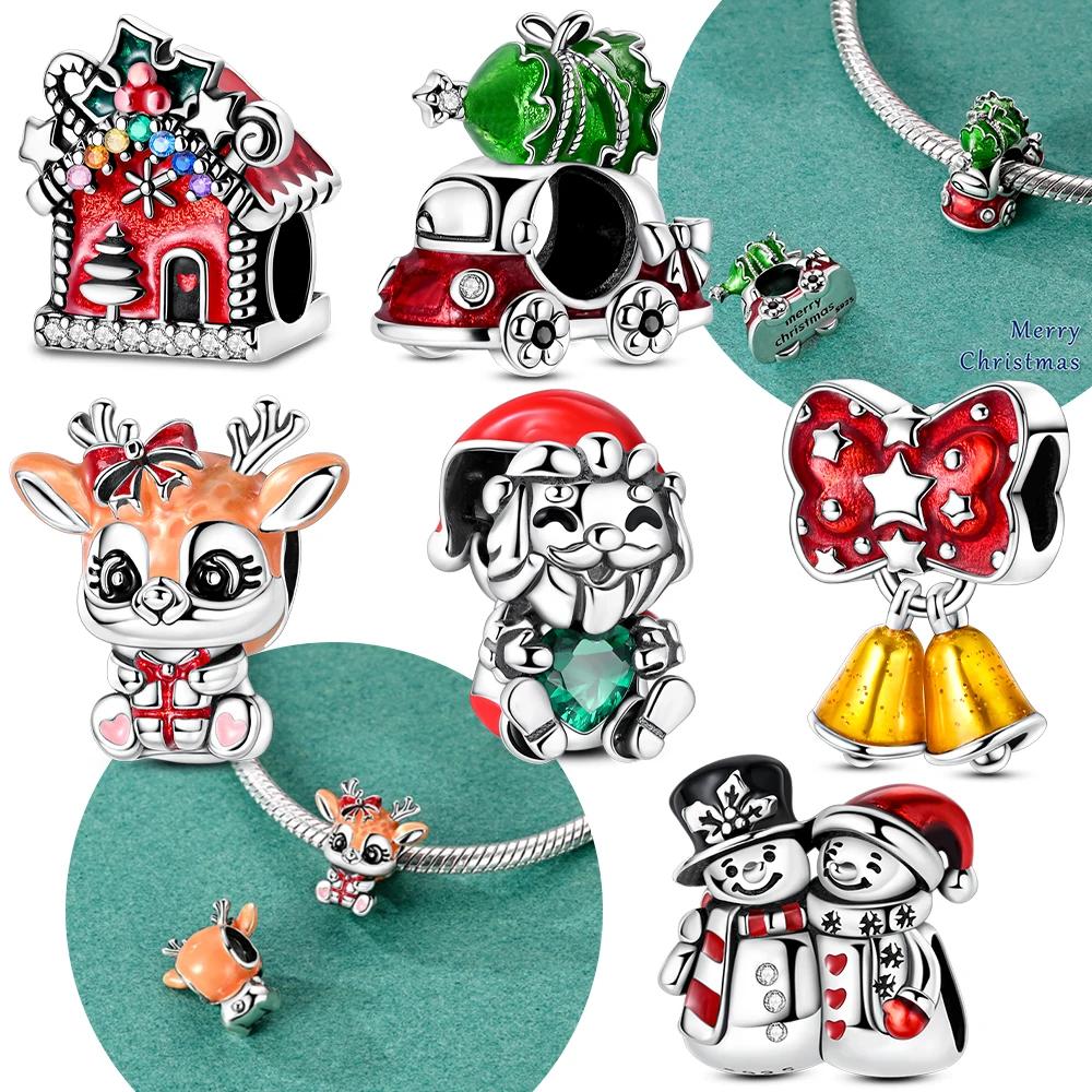 New Original Copper Red Bow Tie Car Christmas Deer Snowman Bead Fit Bracelet Diy Accessory Women Christmas Jewelry Gift