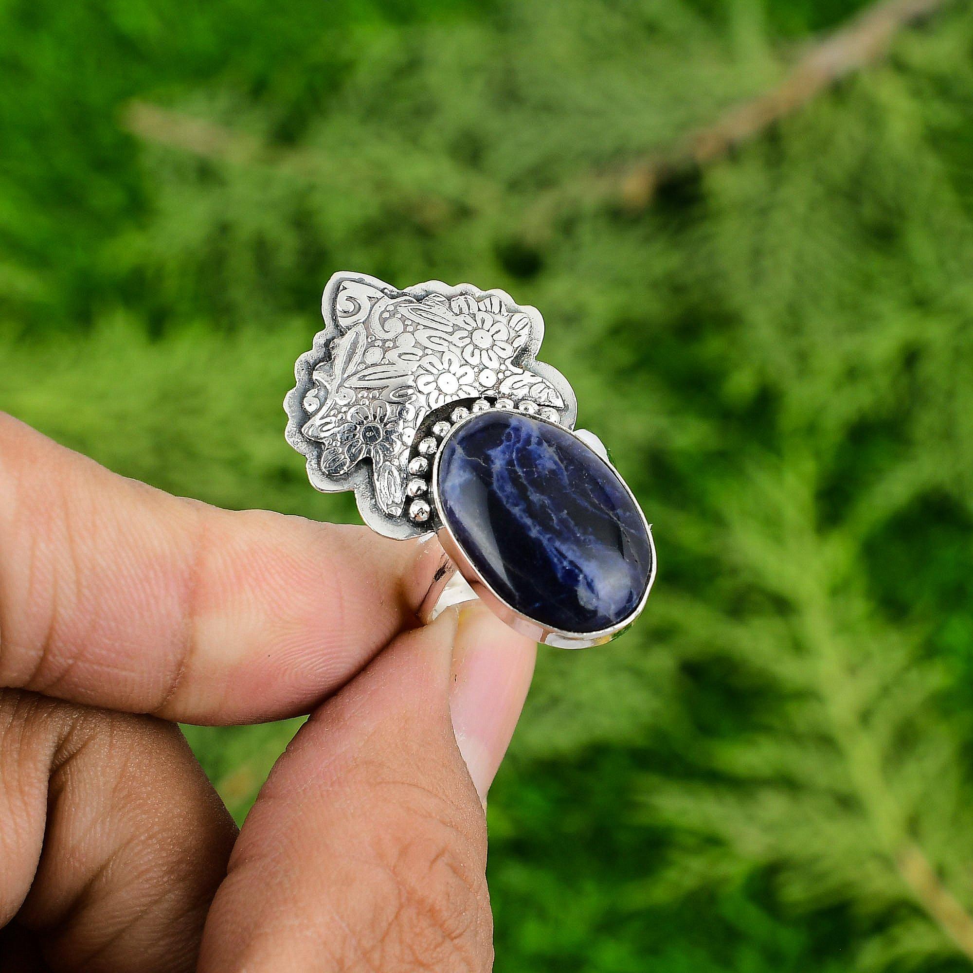 

Sterling Silver Third Eye Chakra Sodalite Gemstone Unique Solitaire Artisan Ring Adjustable
