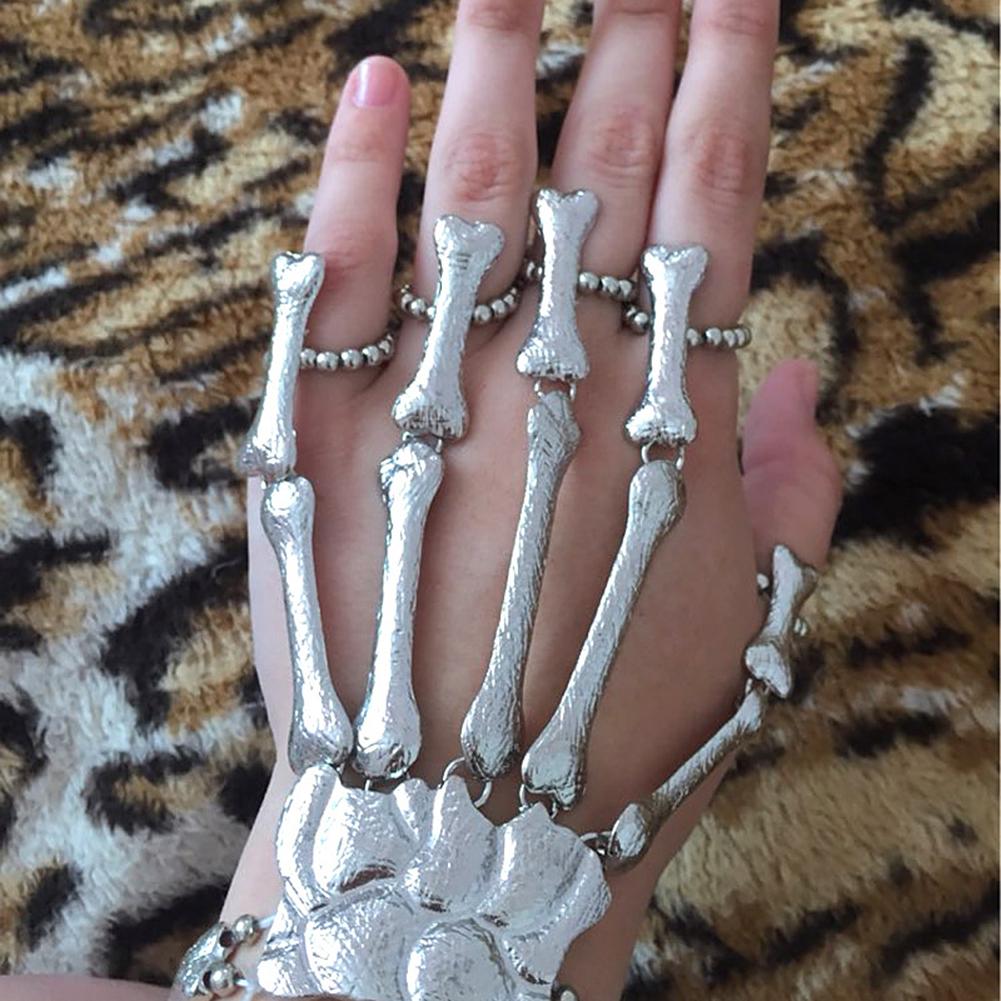 Unisex Elastic Metal Skeleton Linked Hand Chains Halloween Punk Style Bracelet Ornaments