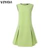 VONDA Women Elegant Round Neck Sleeveless Solid Casual Pleated Dress No Belt