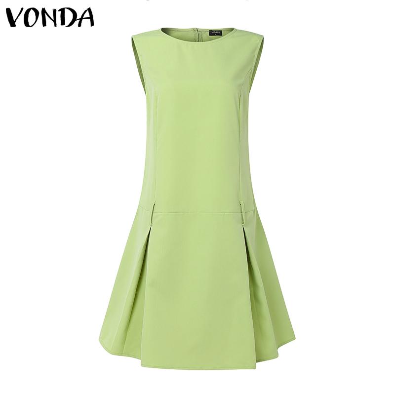 VONDA Women Elegant Round Neck Sleeveless Solid Casual Pleated Dress No Belt