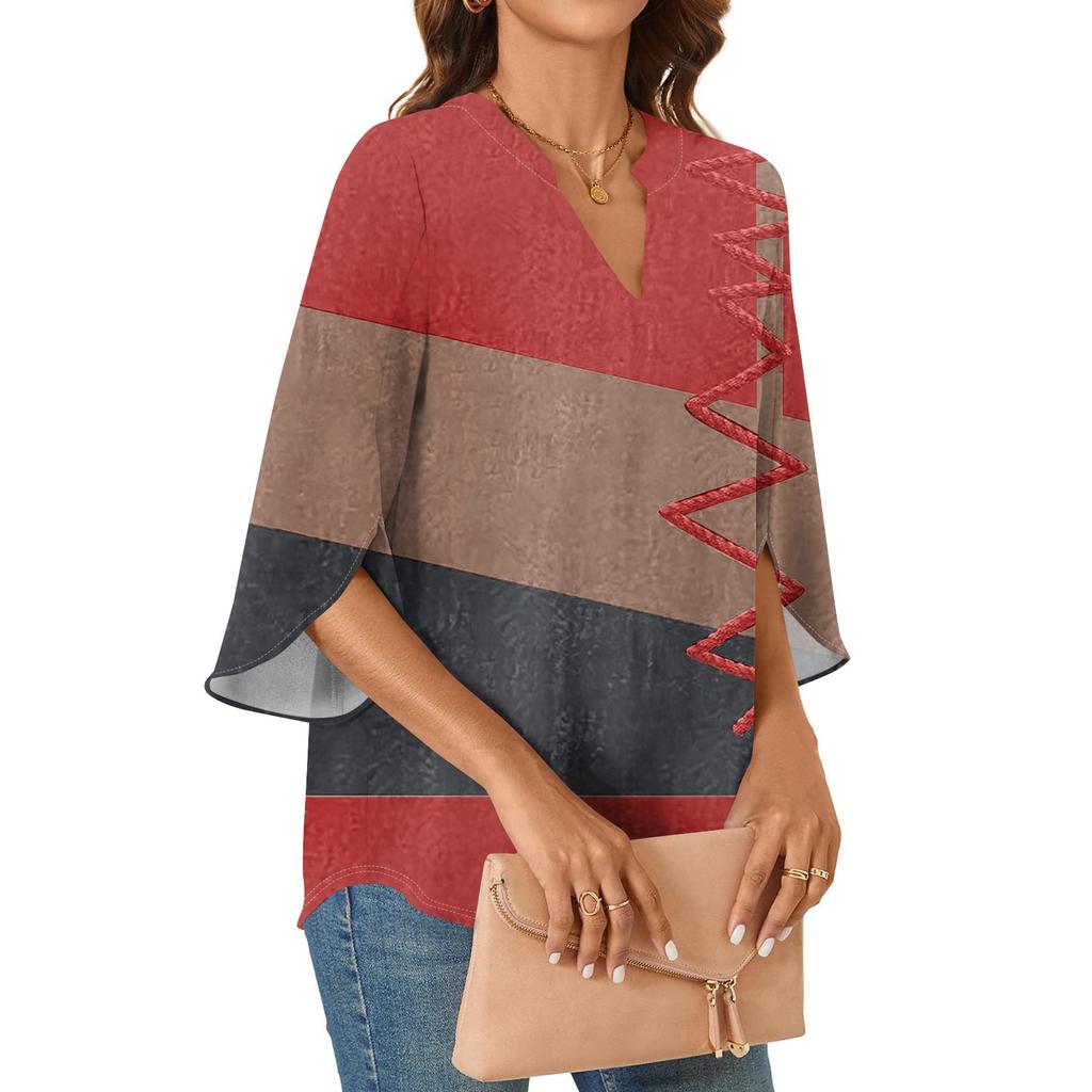 Womens Tops 3/4 Tiered Bell Sleeve V Neck Geometry Printed  Blouses Work Tunic Shirts