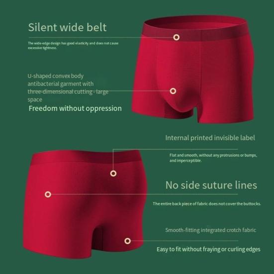 Men Boxer Underwear Mid-rise Elastic Waist Modal Fabric U-Convex Shorts Briefs Solid Color Red Luck Slim Fit Panties