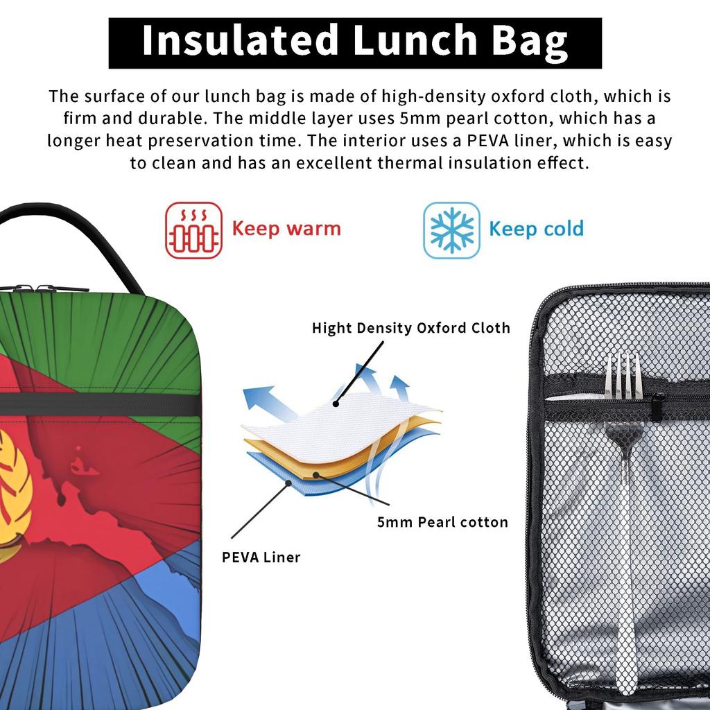 Eritrea Flag Lunch Bag Fun Lunch Box Office Portable Insulated Thermal Lunch Bags For Women Waterproof Custom Cooler Bag