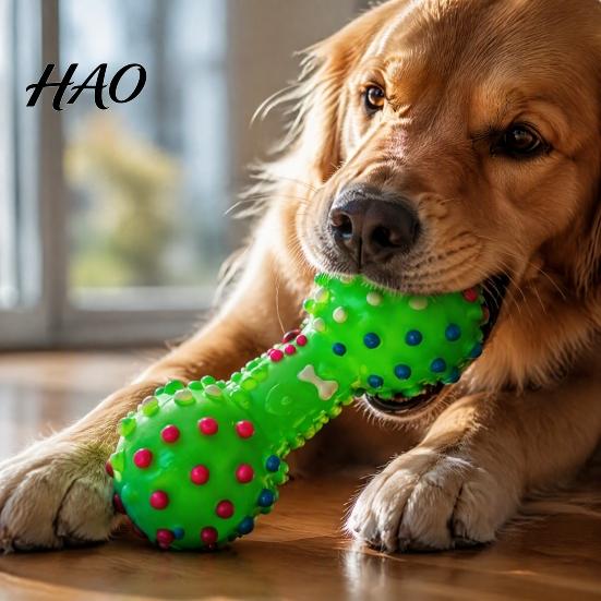 Oral Health Care Dog Toys Squeaky Dumbbell Toy, Vinyl Chew Spiky Teeth Safe Non-Toxic Cleaning Toy for Small Large Dogs Interactive Play Bright