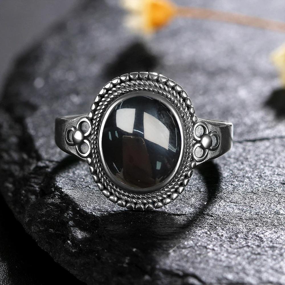 Vintage 925 Sterling Copper Ring Natural Black Onyx Ring Oval Round Stone Retro Fine Zircon Gift Sun Shaped For Women Men