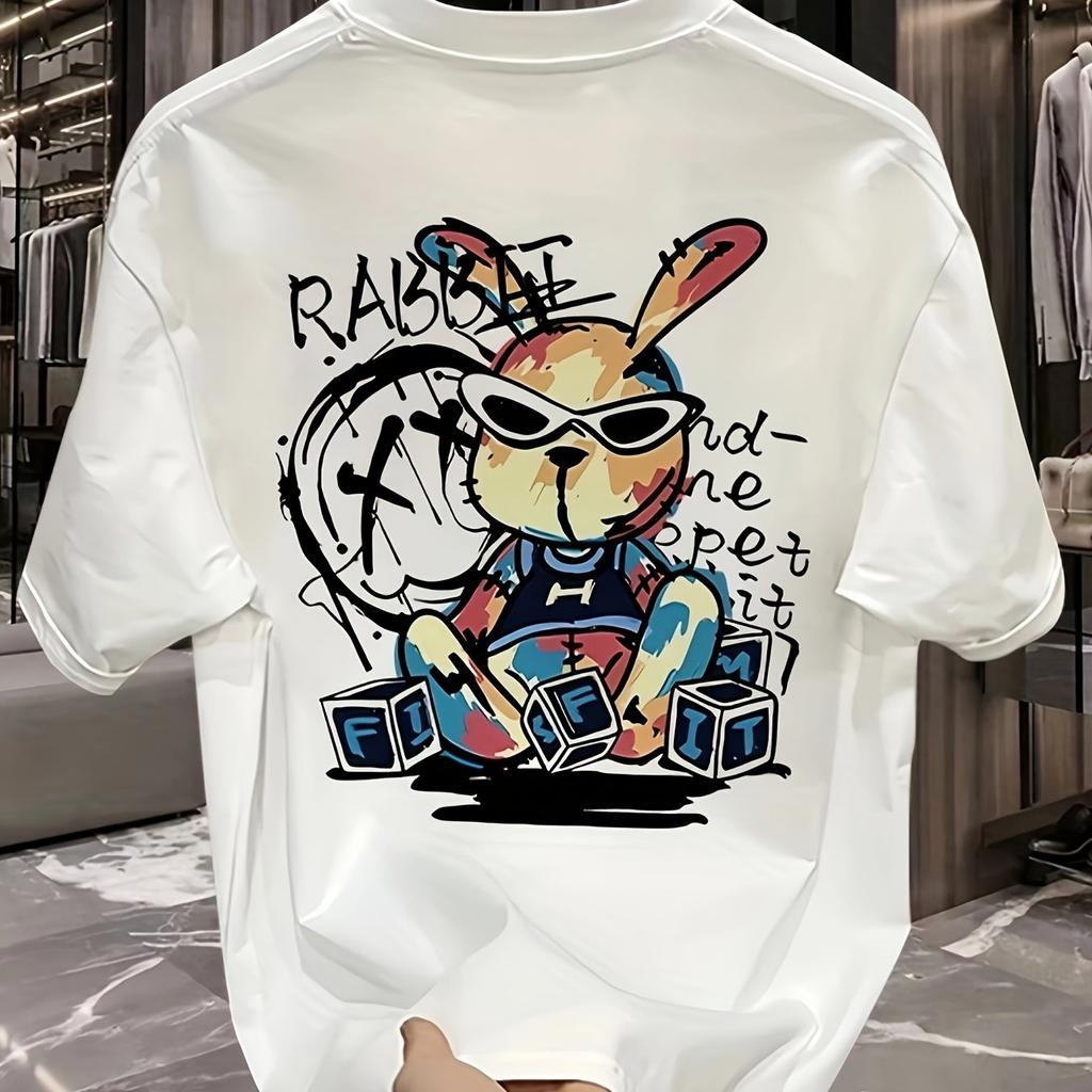 Men's summer 100% pure cotton fashionable casual loose black rabbit cartoon pattern printed round neck short sleeved T-shirt top