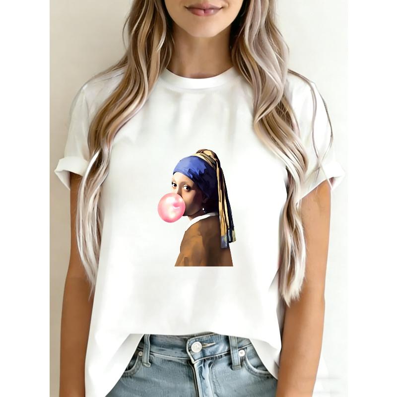 

Women Casual T Shirt White Girl With Pearl Earring Blowing Bubblegum Print Summer Fashion Top For Daily Wear And outings XXXXL білий