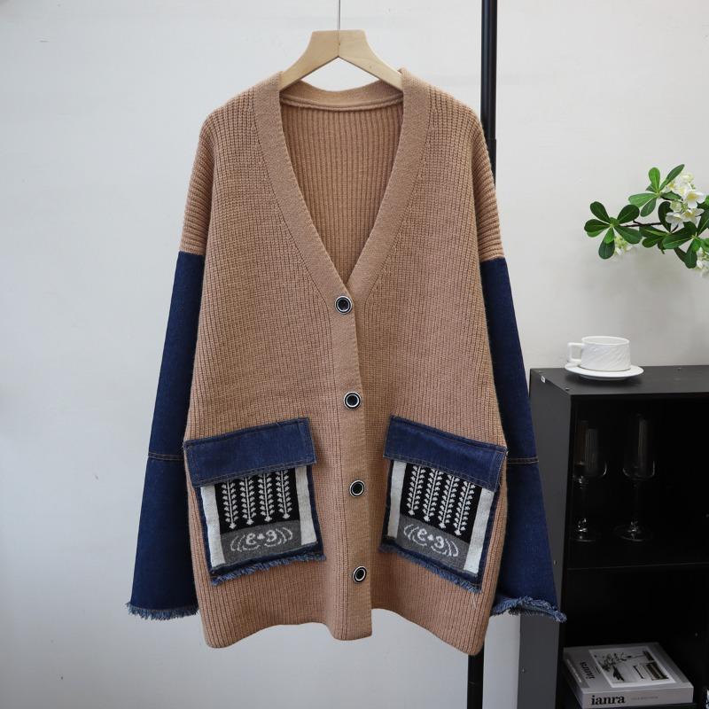 

Свободный джинсовый вязаный кардиган с лоскутным дизайном, новый осенне-зимний свитер-жакет средней длины для женщин One size