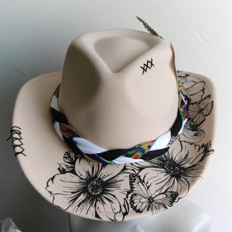 Painted Cowboy Hat Print cowboy Hat Jazz hat Suede Cowgirl fashion retro Felt hat handmade Fedora Hat Panama sombrero hombre 56-58