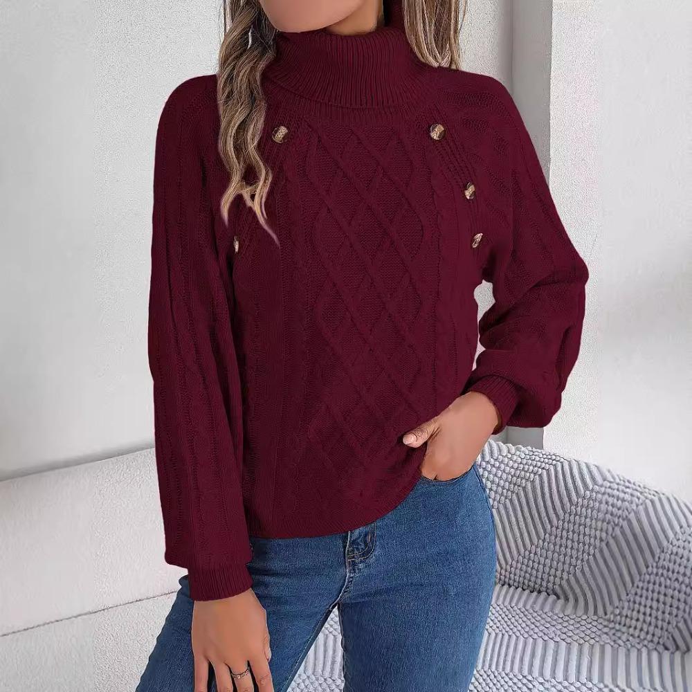 Autumn/Winter Casual Solid-Colour Buttoned Cable-Knit Turtleneck Bell-Sleeve Pullover for Women
