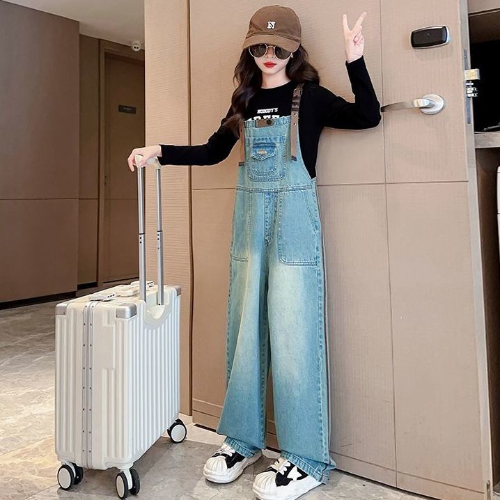 Комбинезоны из денима для девочек, модные, в стиле вестерн, топы для больших детей, весенние и осенние ретро-комбинезоны 140 светло-синий