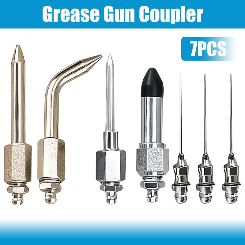 7PCS Grease Gun Coupler Kit with 3 Grease Nipples Needle Dispenser Rubber Tip Connector Nipple Straight Nozzle Coupler