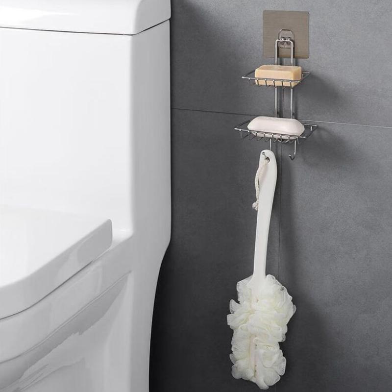 Porte-savon double étage égouttoir en acier inoxydable sans perçage mural porte-savon salle de bain cuisine douche organisateur de rangement