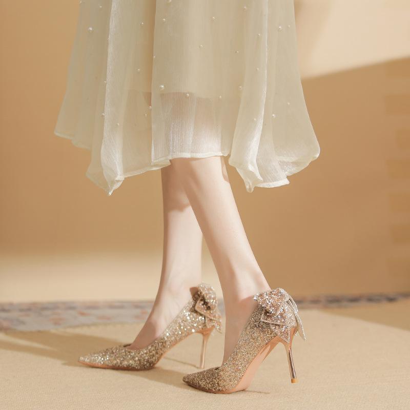 819-10 High Heels Women's Spring 2025 New Pointed Crystal Wedding Shoes Sequined Bow Stiletto Shoes