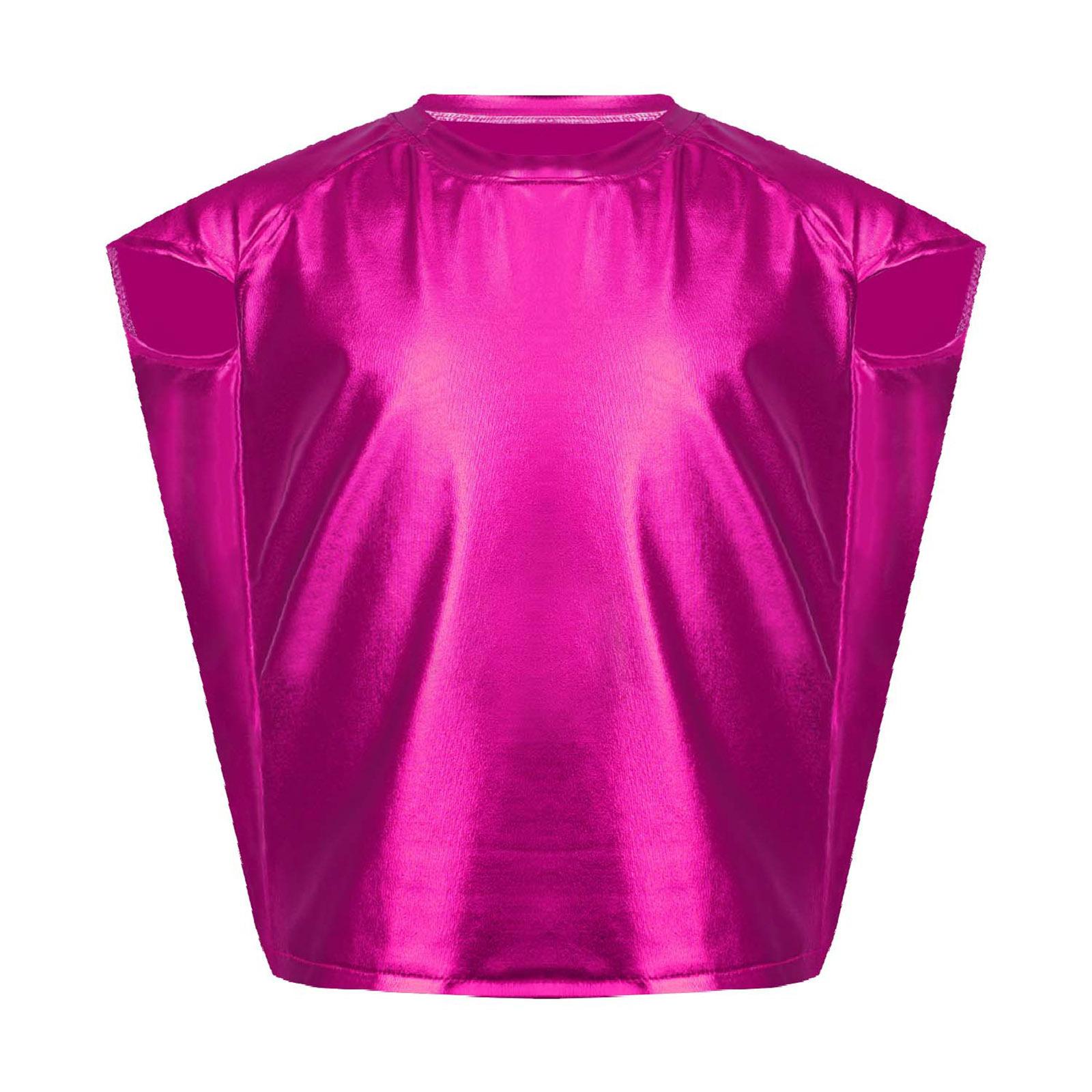 

Unisex Kids Dance Top Cap Sleeve Round Neck Metallic T-Shirt For Party Performance Hip Hop Jazz 5-8 Years гарячі рожевого кольору