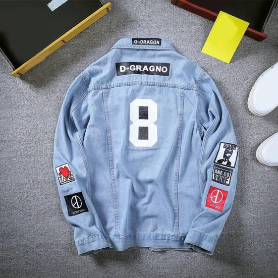 Long Sleeves Pockets Single-breasted Denim Coat Spring Autumn Letter Print Turn-down Collar Unisex