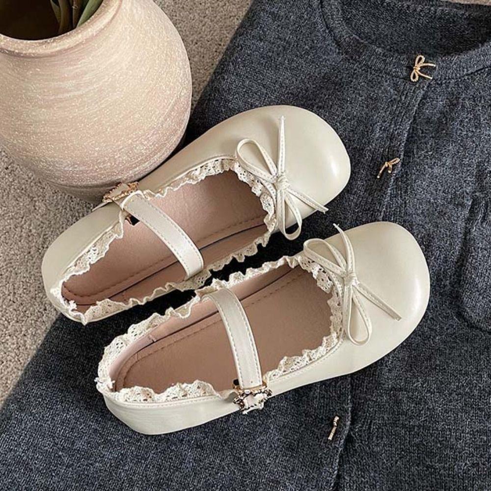 Lolita Couro PU Sapatos JK Planos Laço Doce Slip-on Mocassins Sola Macia Renda Franzido Sapatos Mary Jane Femininos