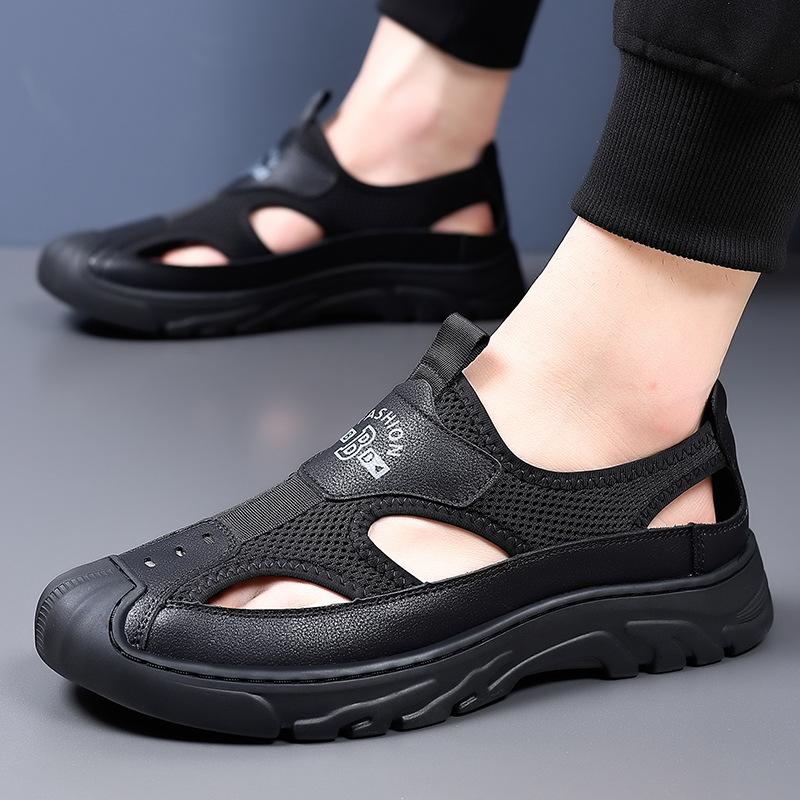 

Сандалі чоловічі 2025 літо нові сітчасті дихаючі взуття з отворами для водіння, для вулиці, повсякденні, для ходьби у воді, пляжне взуття 44 чорний