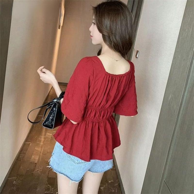 New 2022 Summer Vintage Elegant Women Chiffon Blouses Casual Mid Sleeve Blusas Femme Spuare Collar Solid Shirts Female Tops