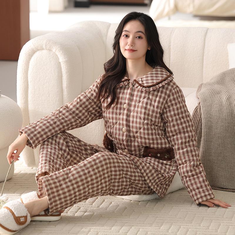 

Pajamas Women S Winter Three-Layer Woven Pure Cotton Padded Cotton Thickened And Velvet Warm Homewear Winter Middle-Aged Mother Suit 2XL