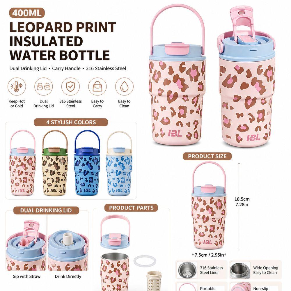 Dual Drinking Lid Insulated Water Bottle Leopard Print Portable Thermal Flask School Use