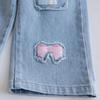 Mädchen Herbst Farbblock Bär Sweatshirt & Bestickte Weitbein-Jeans Set